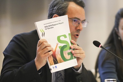 Gerhard Schaumberger, Head of Austrian Development Agency in Georgia presenting the SIGI 2019 Regional report