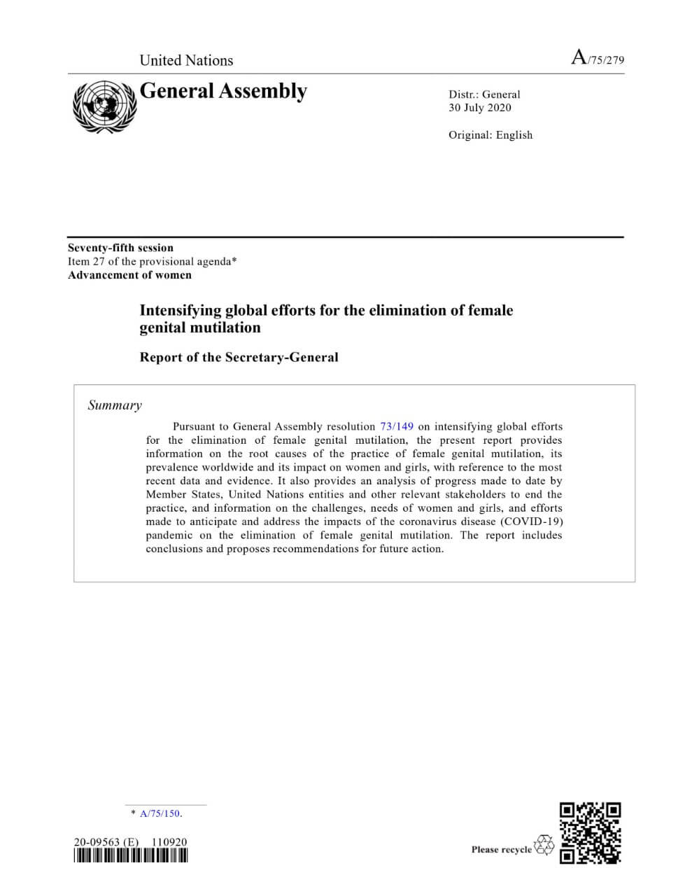 Intensifying global efforts for the elimination of female genital mutilations: Report of the Secretary-General (2020)