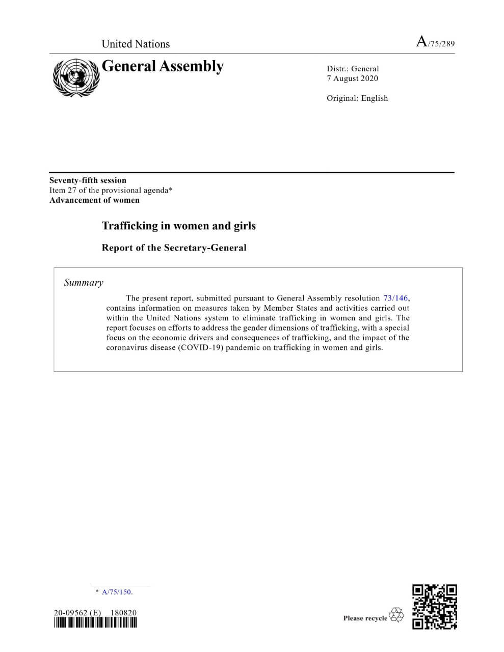Trafficking in women and girls: Report of the Secretary-General