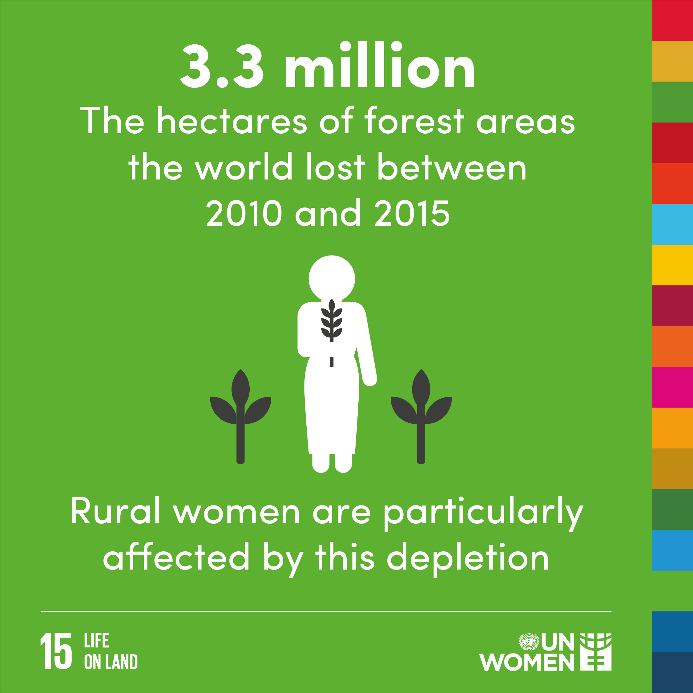 3.3 million. the hectares of forest areas the world lost between 2000 and 2015. rural women are particularly affected by this depletion. 