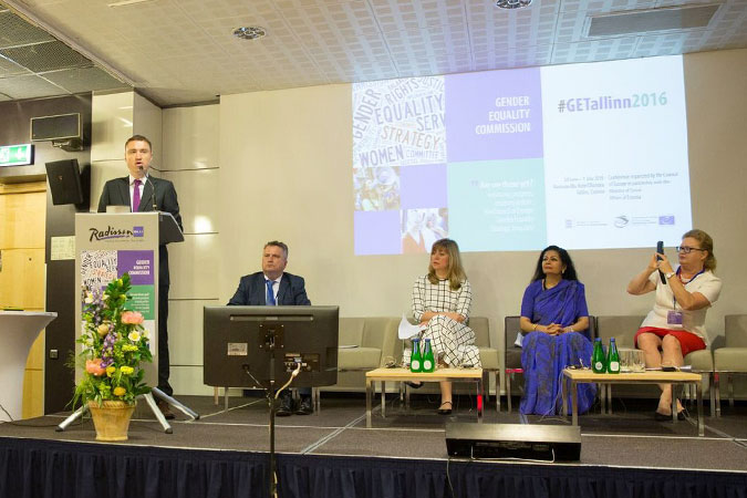 Taavi Rõivas, Prime Minister of Estonia, speaks during the opening of the Tallinn Conference on 30 June 2016. Pictured L-R: Taavi Rõivas, Prime Minister of Estonia, Sergiy Kyslytsya, Chairperson of the Council of Europe Gender Equality Commission, Ukraine; Snežana Samardžić-Marković, Director General of Democracy, Council of Europe; Lakshmi Puri, Deputy Executive Director, UN Women; Salla Saastamoinen, Director of Equality, Directorate-General Justice and Consumers, European Commission . Photo: Council of Europe