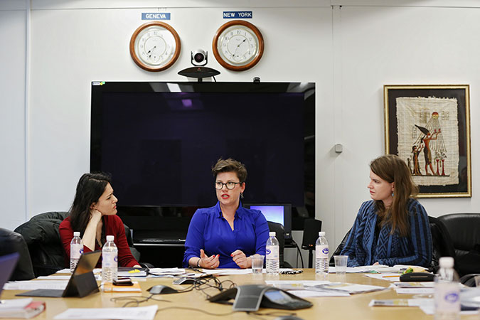 L-R: Alison Davidian, Justice Specialist, UN Women; Siobhan Hobbs, UN Women Gender Adviser in Kosovo and member of UN Women  Sexual and Gender-based Violence (SGBV) Justice Experts Roster; and Federica Tronchin, Expert, Justice Rapid Response, at an interactive discussion in New York, on strengthening accountability for conflict-related sexual and gender-based crimes. Photo: UN Women/Ryan Brown