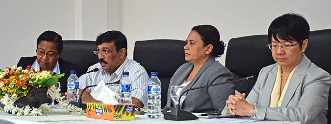 From left to right, Guilhermina Ribeiro Saldanha (Director General of Ministry of Interior); Longuinhos Monteiro (Minister of Interior), Veneranda Lemos (Secretary of State for Support and Socio-economic Promotion of Women), Janet Wong (UN Women/Country Representative) during validation of the NAP 1325 in November 2015. Photo: UN Women/Christina Yiannakis