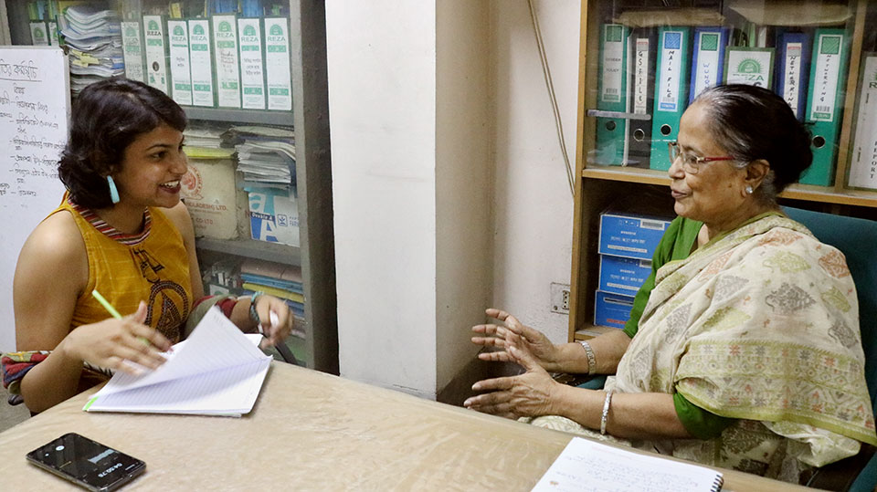 Zefroon Afsary interviews Ayesha Khanem on the social attitudes and perception towards women and girls in Bangladesh. Photo: UN Women/Monon Muntaka