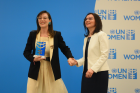 Demet Evgar received a trophy from Asya Varbanova, UN Women Turkey’s Country Director for the occasion of the Good Will Ambassador launch event. Photo: Ender Baykuş / UN Women Turkey