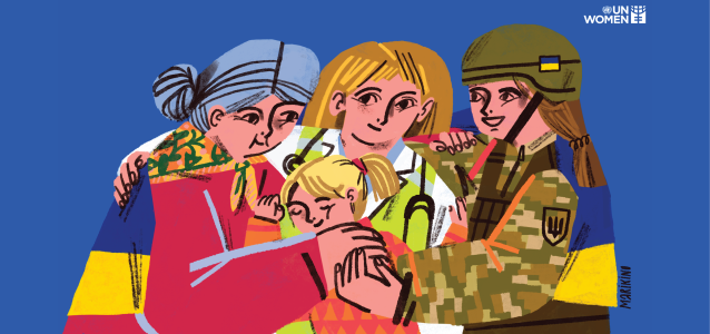 Illustration by Ukrainian artist Mariia Kinovych depicting Ukrainian women from different generations and backgrounds standing in unity and solidarity.