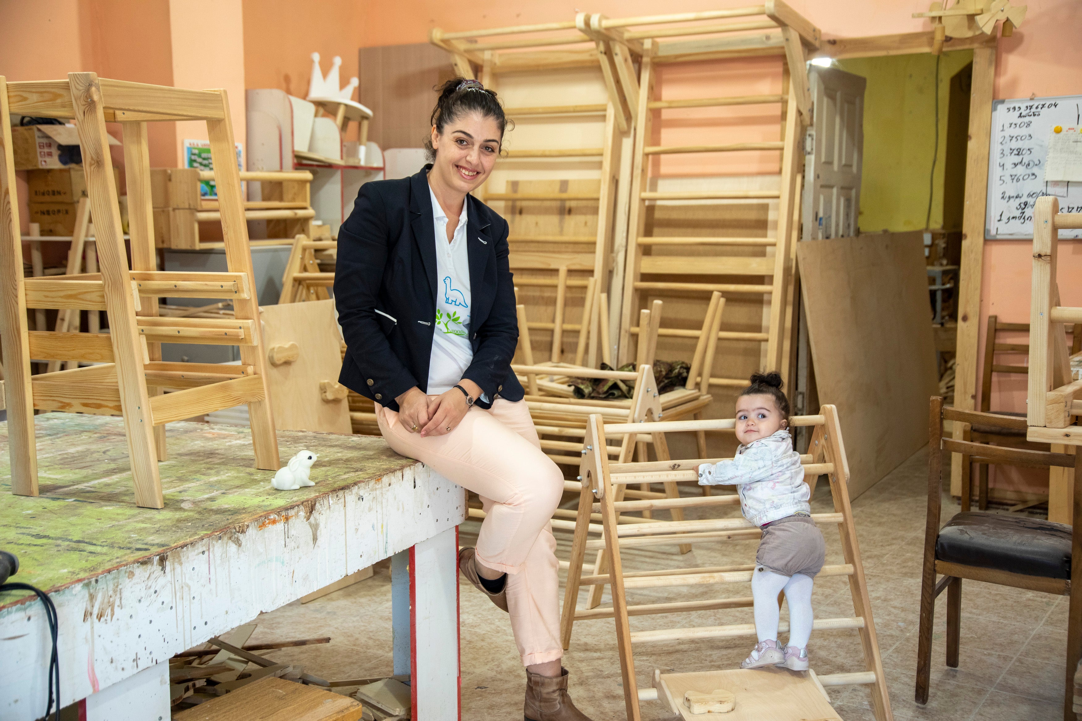Vivia Gurgenishvili, Founder of Dino, a small enterprise that produces eco-friendly wooden furniture and toys with a focus on child development. Photo: UN Women/Leli Blagonravova.